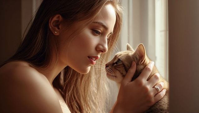 Sunlit intimate moment between young woman and tabby cat at window seat showing tender bond