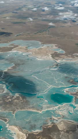 Vertical drone drifting over turquoise desert lakes and intricate salt flats aerial footage