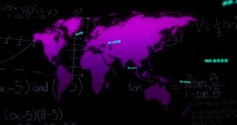 World Map with Mathematical Equations on Black Background