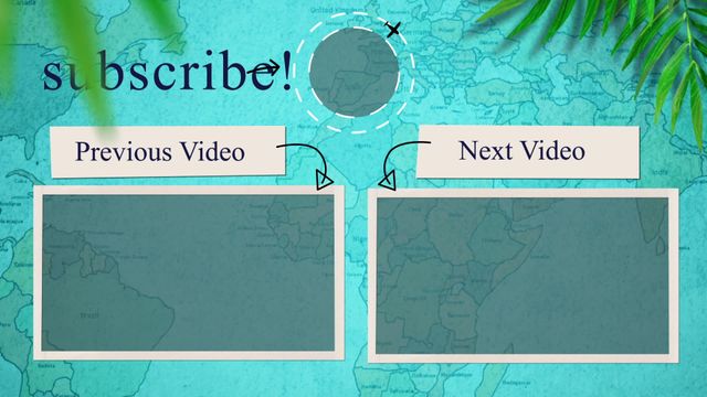 Ideal for travel vloggers and YouTubers, this engaging end screen template with a motion graphic airplane and tropical map background easily guides viewers to previous and next videos while encouraging them to subscribe. The design features distinctive palm leaves, perfect for tropical and travel-related content.