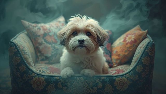 Adorable dog relaxing on vintage floral couch