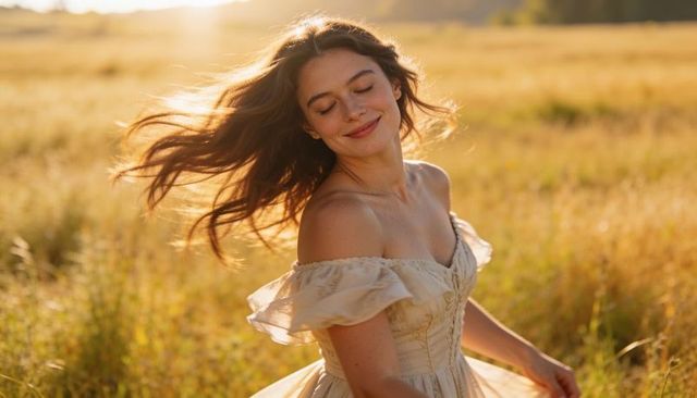 Spinning woman smiling with closed eyes in sunlit meadow wearing off-shoulder dress