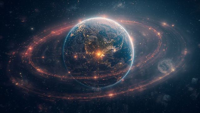 Futuristic Earth with Holographic City Lights and Tech Rings in Space