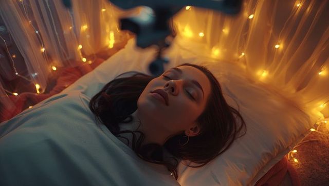 Asian woman relaxing in cozy bed with ambient fairy lights