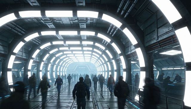 Commuters walking through futuristic lit transit corridor with arched led passageway