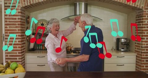 Senior Couple Joyfully Dancing in Kitchen with Music Notes Overlay