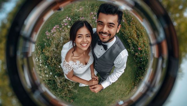 Smiling bride and groom holding hands in wildflower meadow with fisheye lens