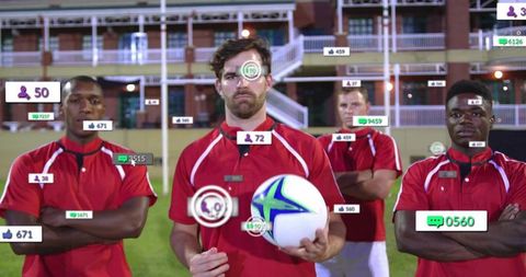 Sports team captain holding soccer ball with social media engagement overlays in stadium night