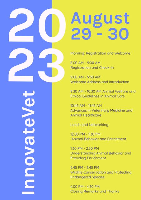 This vibrant event poster is ideal for promoting the InnovateVet Conference 2023, focusing on veterinary medicine and animal welfare. It covers the scheduling details of educational seminars, networking, and professional development opportunities. Suitable for use in newsletters, social media posts, and event websites to attract veterinary professionals and students.