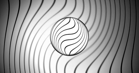 Floating glass orb refracting wavy lines, creating optical illusion minimal monochrome