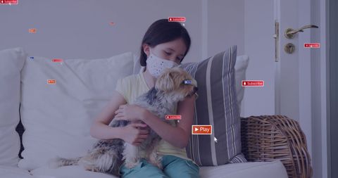 Masked Girl Embracing Pet Dog with Social Media Icons Overlay