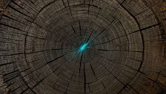 Macro cross section of aged tree trunk with concentric growth rings and turquoise center