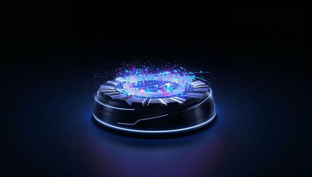 Futuristic Holographic Ring Projecting from Neon-lit Metallic Platform with Blue Particles