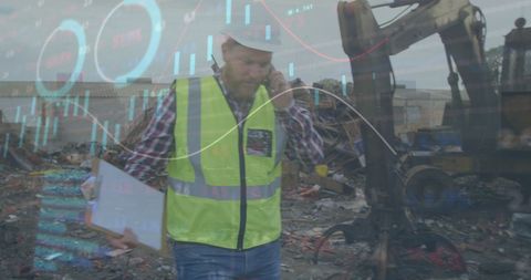 Digital Data Processing Over Junkyard Worker Scene