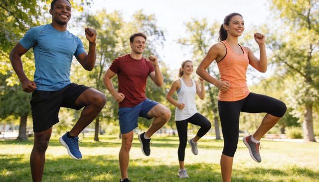 Group high-knee cardio workout in park showing energetic outdoor fitness training
