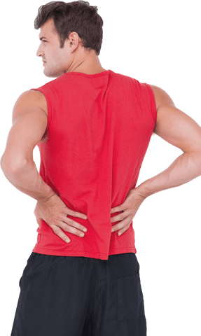 Fit man holding back in red shirt isolated with transparent background