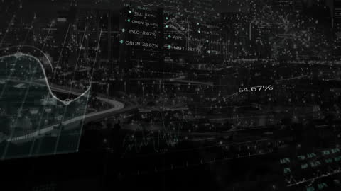 Animated Financial Data Processing Over Night Cityscape