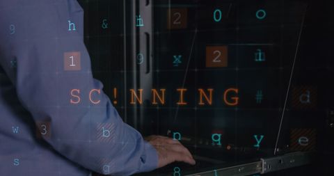 Cyber Security Concept with Man Scanning Network in Server Room