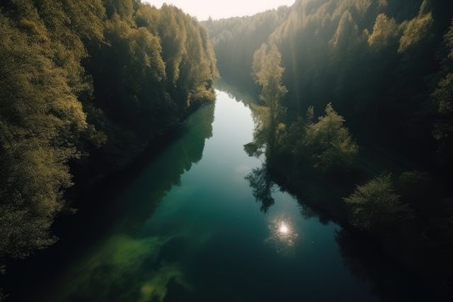 Aerial shot of river in forest, created using generative ai technology. Landscape, summer, tranquillity and nature concept digitally generated image.