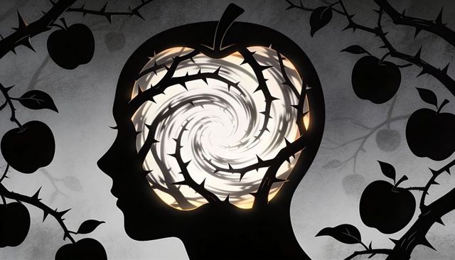 Silhouette profile revealing swirling thorn vines and apples symbolizing inner turmoil