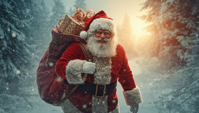 Santa Claus Walking in Snowy Forest With Gift Sack at Dusk