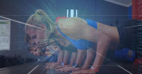 Group Performing Synchronized Push-Ups Wearing Wearables with Futuristic Data Overlay