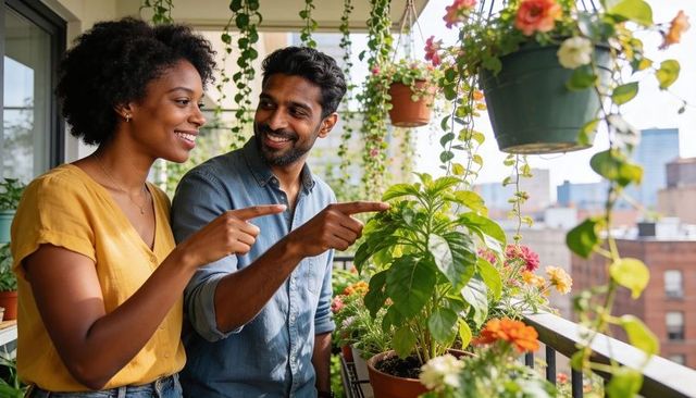 Smiling couple pointing at balcony plants while tending vibrant urban container garden