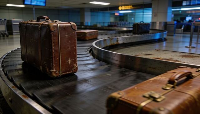 Vintage leather suitcases rotating on airport conveyor belt showing brass latches and rust