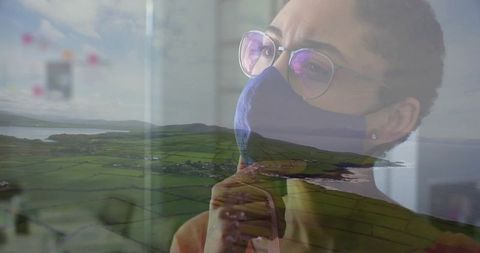 Pensive Woman in Mask Staring at Coastal Landscape Reflection
