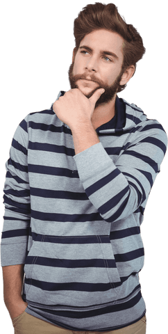 Thoughtful Man Pondering in Striped Sweater with Transparent Background