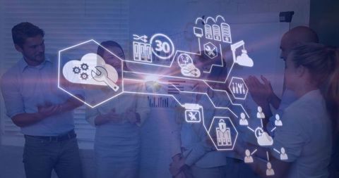 Business team viewing holographic cloud tools and analytics overlay during collaborative meeting