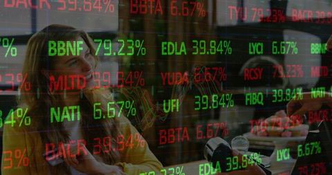 Business Luncheon with Financial Analysis Overlay
