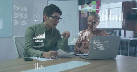 Colleagues analyzing data with innovative digital overlays