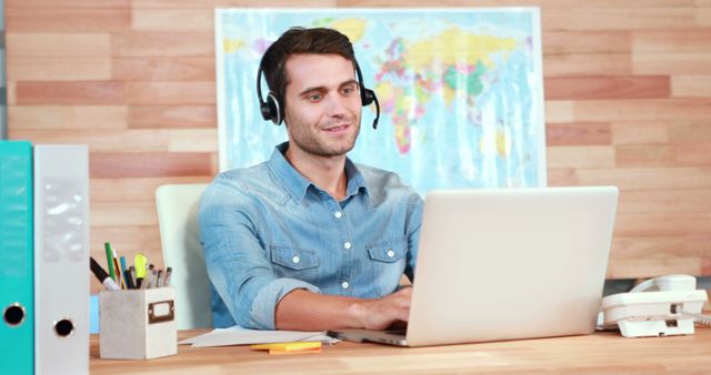 Customer Service Representative Using Laptop and Headset in Home Office - Download Free Stock Images Pikwizard.com