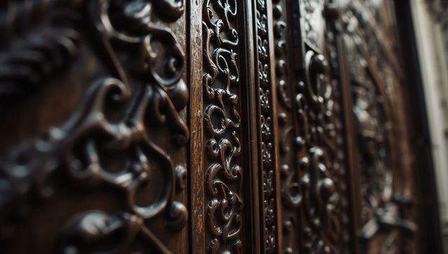 Ornate carved wooden door panels showing intricate scrollwork, varnished grain and patina