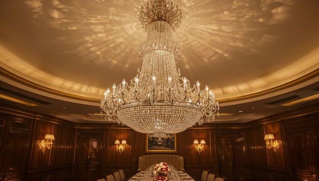 Grand tiered crystal chandelier illuminating opulent dining room with long banquet table