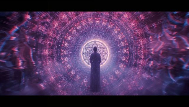 Mystical figure gazes at glowing arcane portal