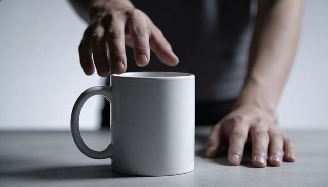 Hand hovering and reaching over white ceramic mug on tabletop with second hand resting