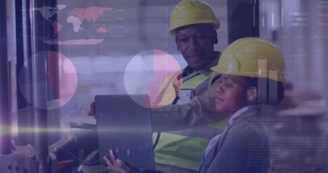 Warehouse Workers Analyzing Data with Technological Overlay