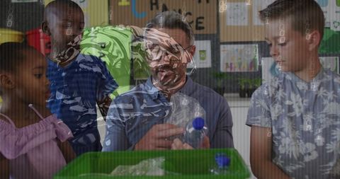 Teacher demonstrating plastic bottle recycling while students learning about sustainability