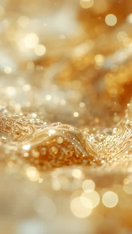 Vertical macro video of rippling golden liquid with shimmering bokeh highlights