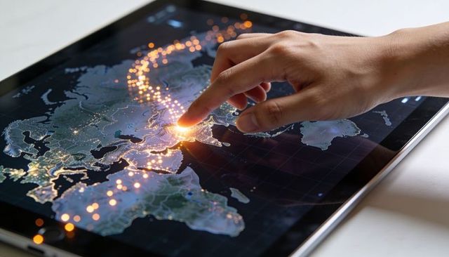 Right hand touching interactive world map on tablet, glowing data points and network trails