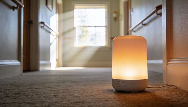Warm smart lamp emitting amber glow in sunlit hallway for cozy ambient interior lighting
