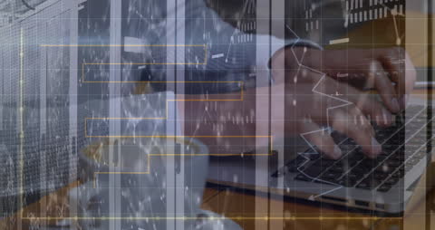 Businessman Analyzing Financial Data on Laptop with Futuristic Interface