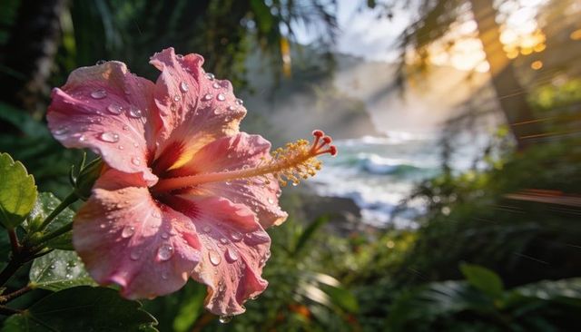 Glowing pink hibiscus with dew droplets backlit by tropical shoreline sunrise and mist