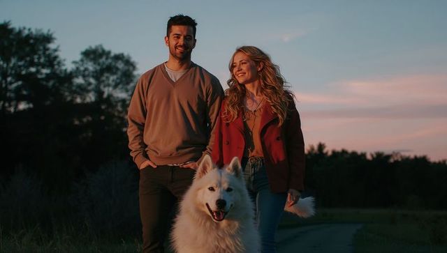 Couple walking fluffy white dog at sunset on country path smiling and enjoying evening