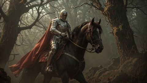 Armored medieval knights on dark horse in misty fantasy woodland