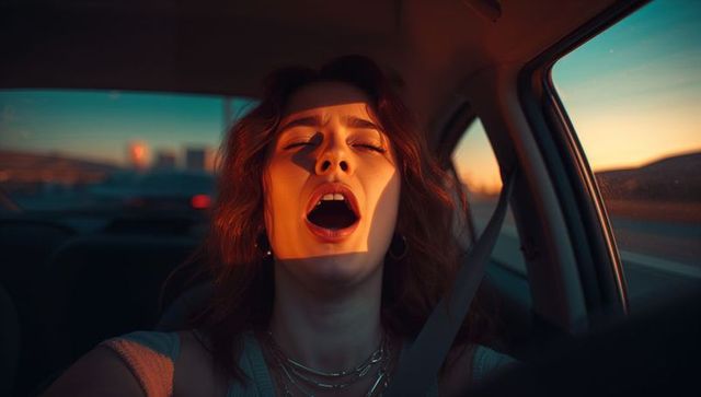 Woman Singing Passionately in Car During Sunset Drive