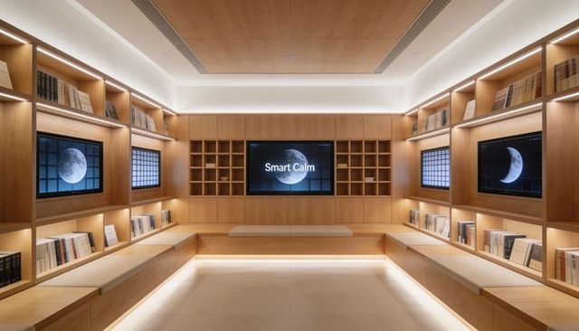 Relaxing wood library lounge featuring smart calm display and moon monitors