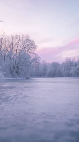 Capturing winter dawn over frozen lake with frosted trees under pastel sky